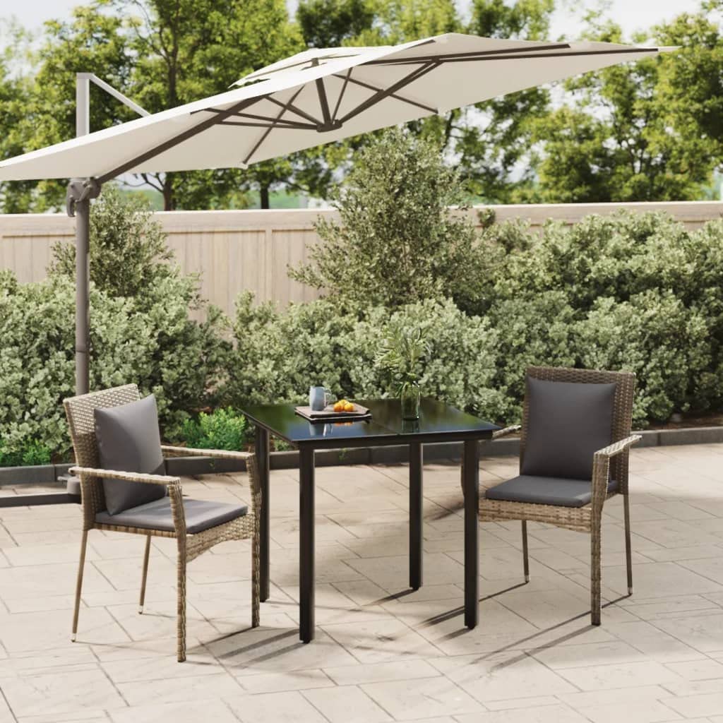 Juego de comedor de jardín negro y gris con mesa cuadrada de 80x80 cm y cojines para terraza