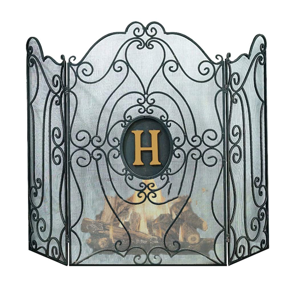 Parascintille per Camino in Ferro, parascintille a 3 Pannelli, parascintille per Camino HXW 60 X 90 cm, Nero, Copertura Dorata
