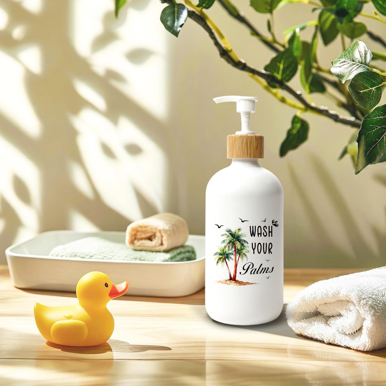 Tropical Palm Tree Bathroom Glass Soap Dispenser, Summer Beach Hand Soap Dispenser for Bathroom Washroom Countertop, Wash Your Palms Refillable Handsoap Lotion Bottle with Pump