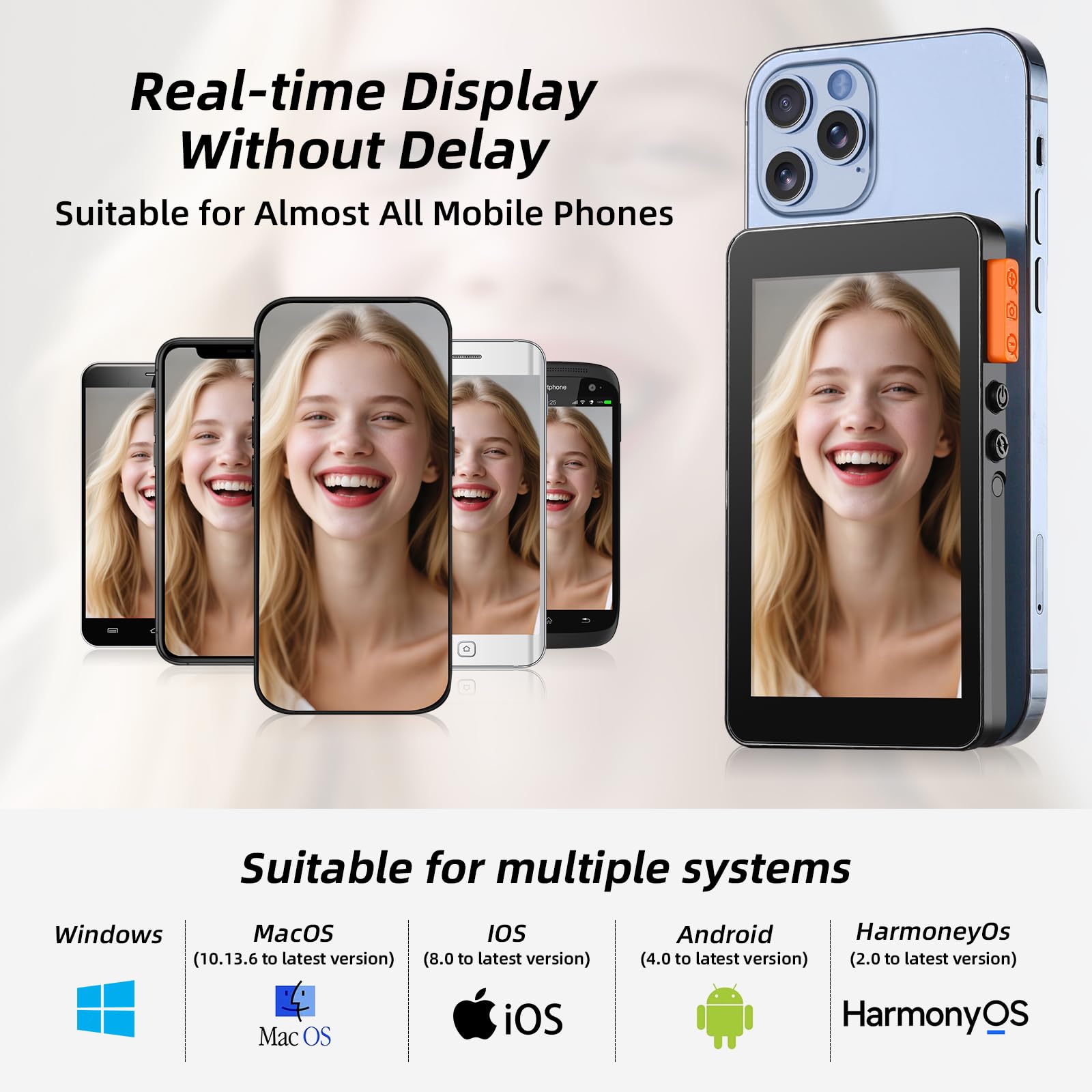 Koolertron 4 Zoll Handy Selfie Monitor mit Lautsprechern und Ständer, Magnet Rückkamera Selfie Monitor iPhone Android, Kabellos 20-50M, Selfie Bildschirm für Teleprompter YouTube TikTok Live Stream