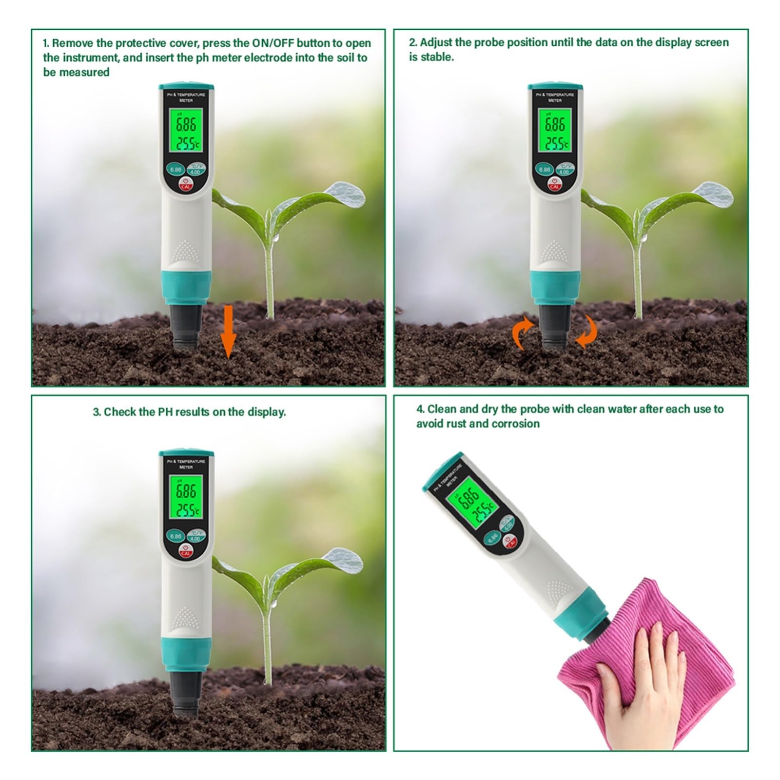 2 In 1 Boden PH Meter Digital Temp Säure Boden Tester Sensor Analysator for Outdoor Pflanzen Garten Genaue Messung(3PCS)