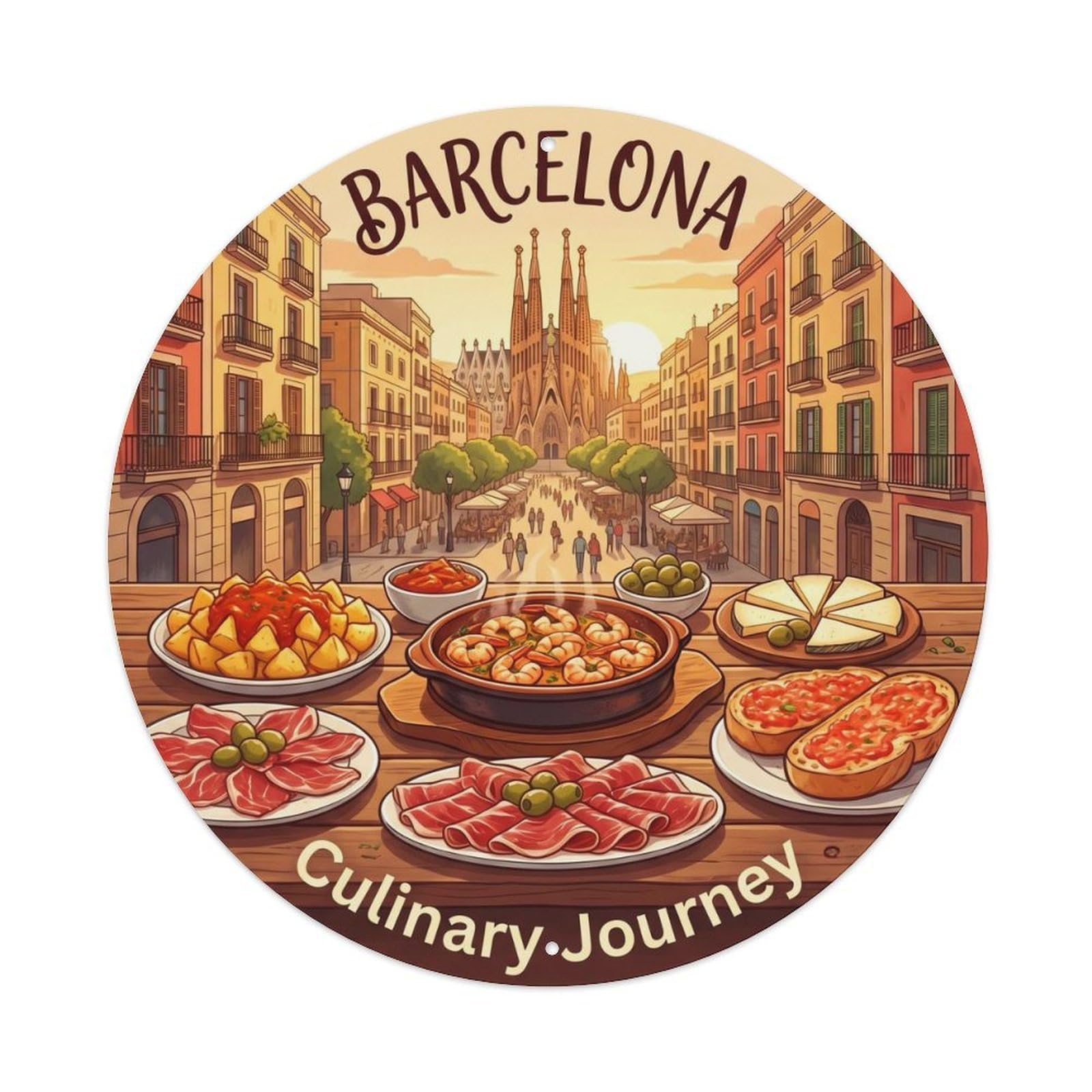 Barcelona Tapas Cuisine Journey Retro Travel Spanish Cityscape Metal Tin Sign Plaque Wall Decor for Cafe, Man Cave, Club Bar, Office, Home Garden Round Metal Poster 8x8Inch