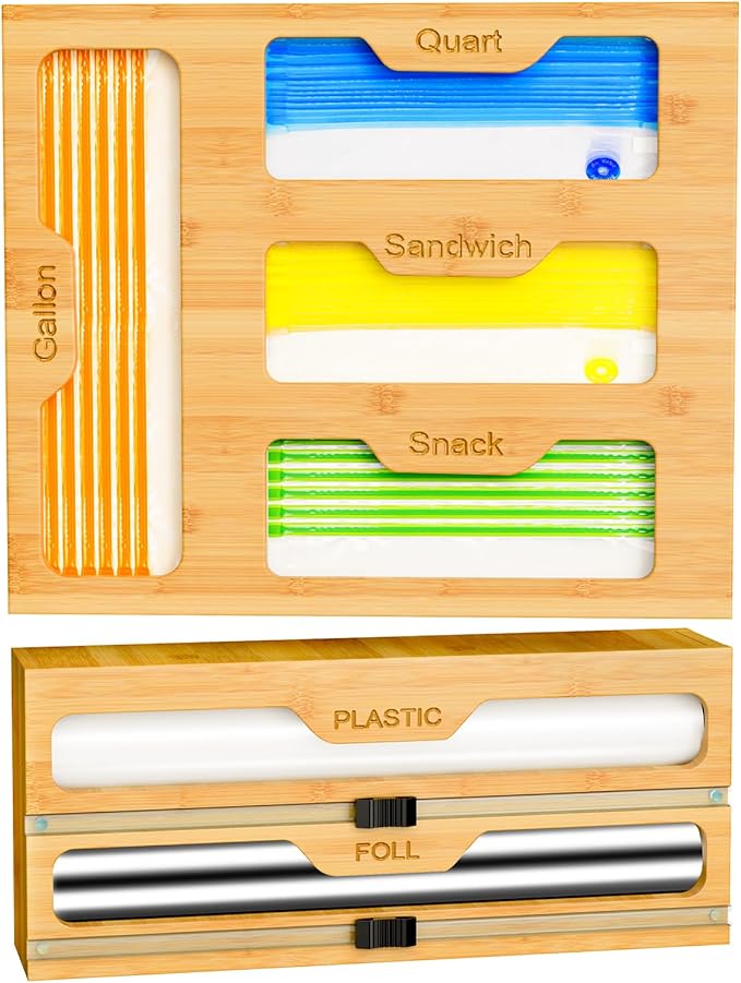 Bamboo Bag Storage Organizer - 2 Wrap Dispenser with Cutter & 4 Slots Food Storage Bags Container - Kitchen Drawer Plastic Bags Storage Organization for Gallon Quart Sandwich Snack Bags