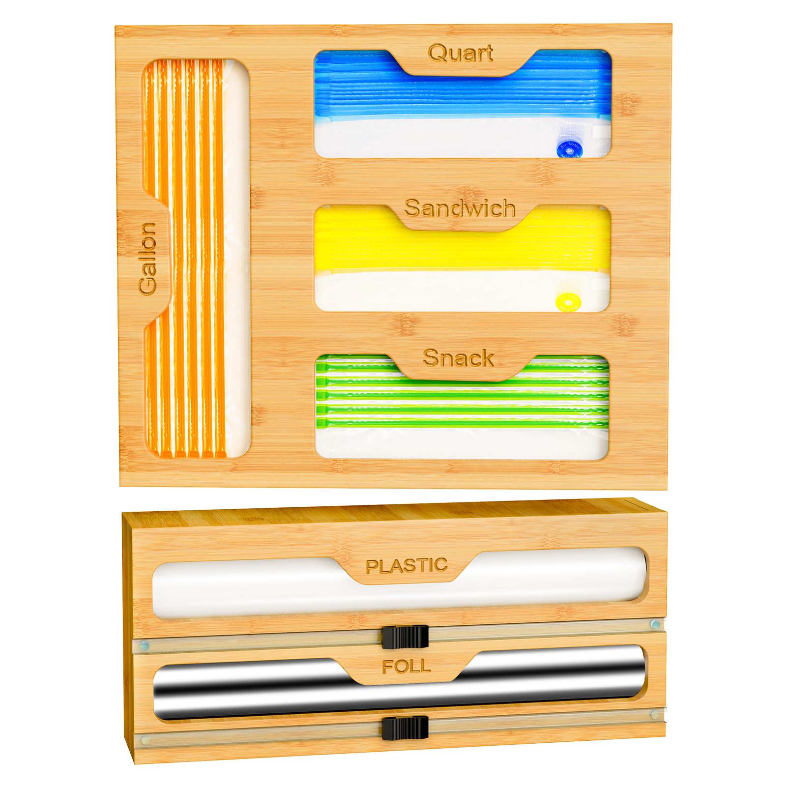 KOCWELL Bamboo Bag Storage Organizer - 2 Wrap Dispenser with Cutter & 4 Slots Food Storage Bags Container