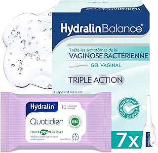 Hydralin Balance - Gel Intime vaginal + Lingettes intimes femme - Traitement Vaginose Bactérienne - Inconfort vaginal & Odeurs vaginales - Restaure la Flore Intime - Dispositif Médical x7 Applicateurs