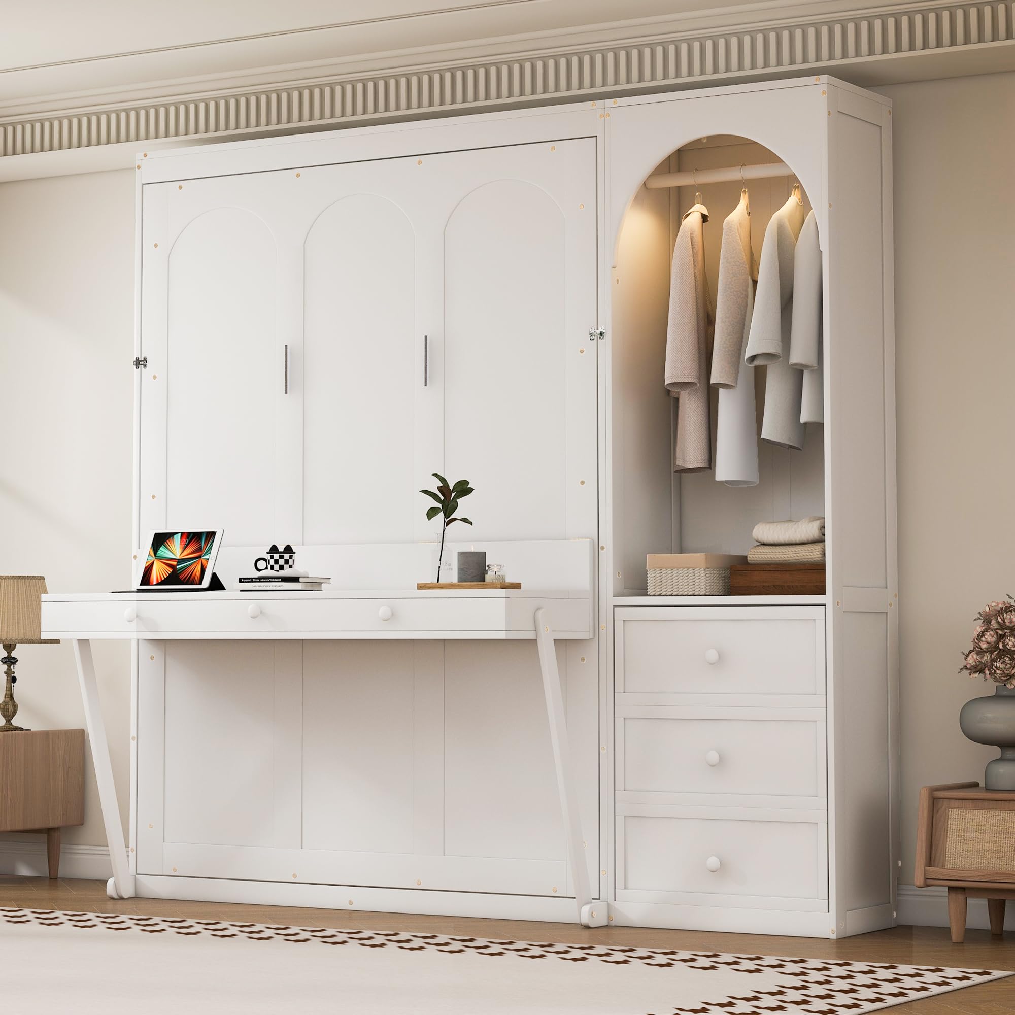 MERITLINE Queen Murphy Bed with Desk and Storage & LED Light, Solid Wood Murphy Wall Bed Cabinet with Storage Drawers &Clothes Rack,Space Saving for