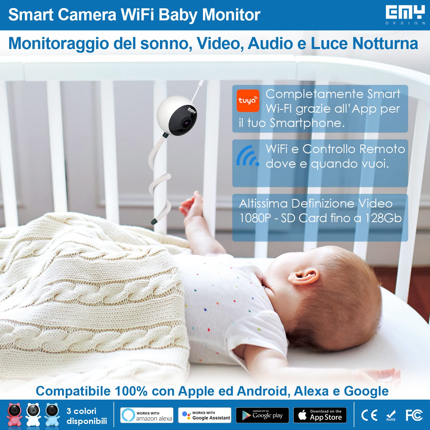 Smart Baby Monitor Video e Audio WIFI, Bianco
