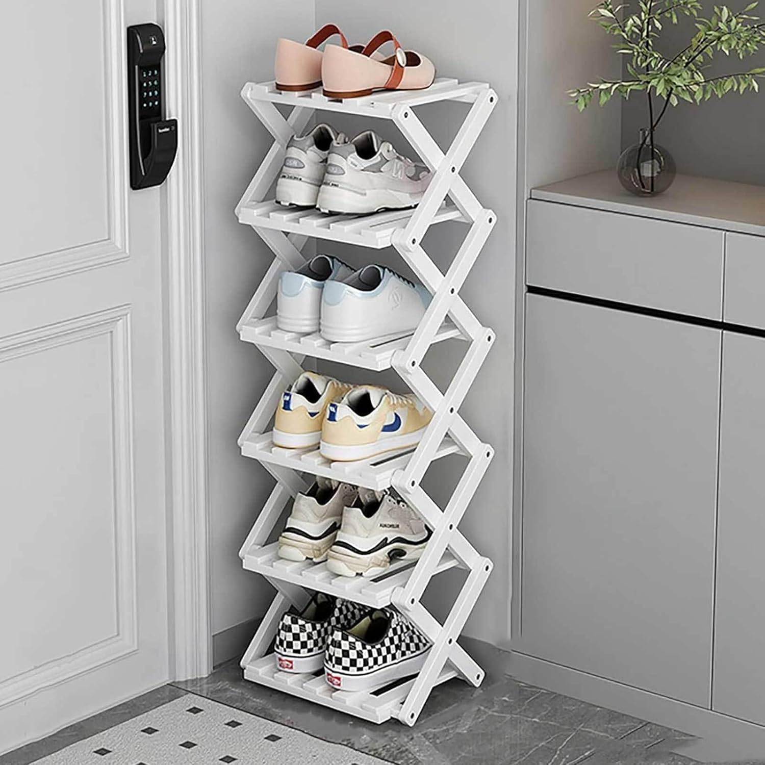 Étagère à chaussures étroite et meuble d'angle en bois compact pour couloir