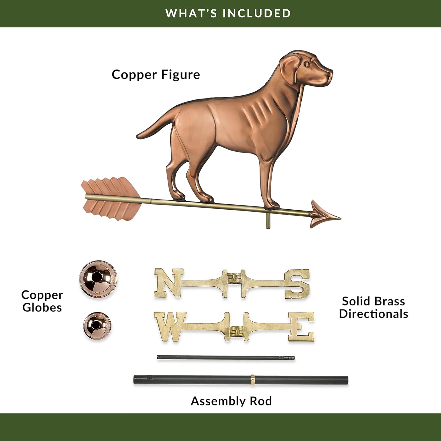 Good Directions Labrador Retriever / Dog Weathervane with Arrow, Pure Copper