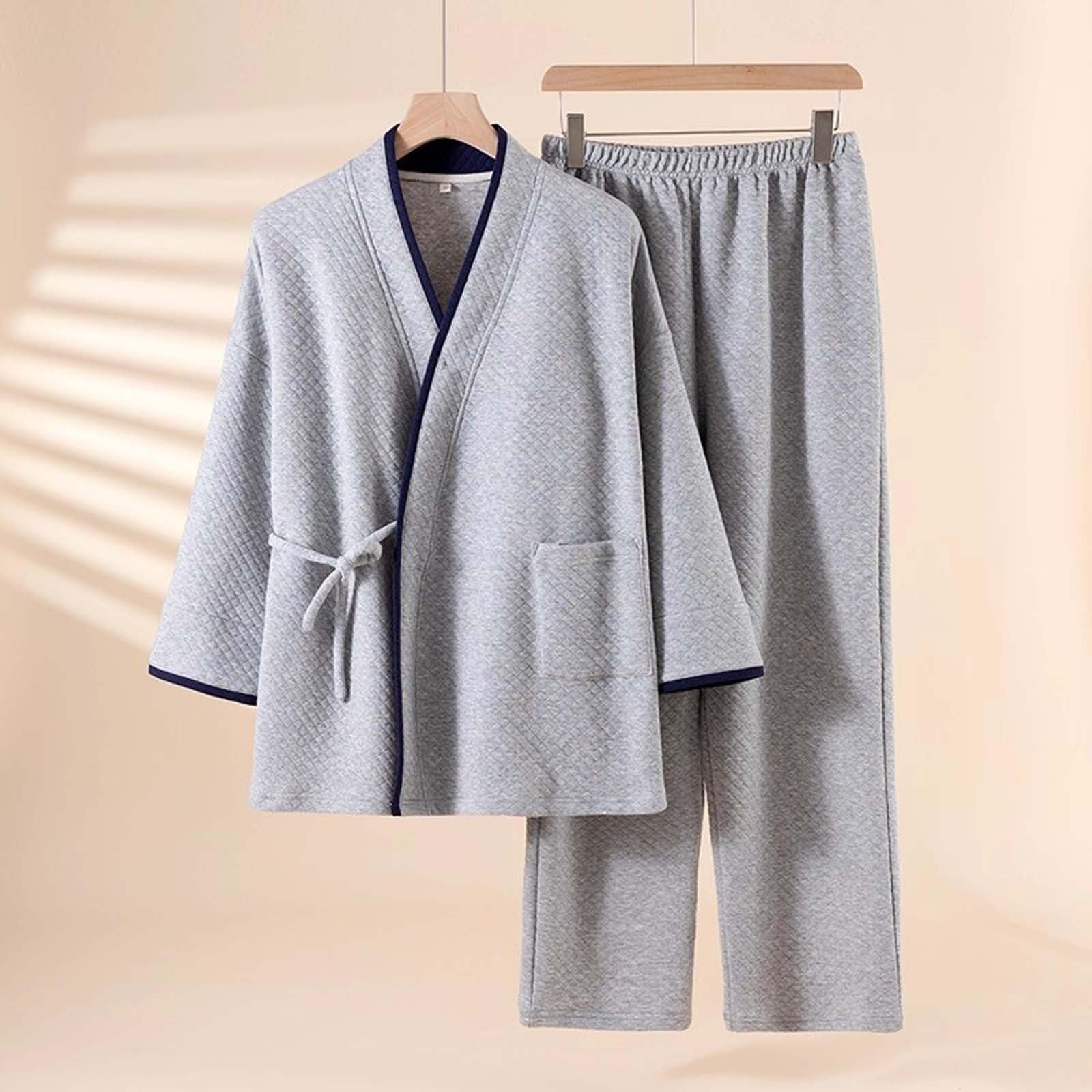 Pijama para hombre con cuello de pico, pijama de dos piezas, kimono japonés, juego de 2 piezas, ajuste holgado, pijama para el tiempo libre, cálido y grueso, ropa de dormir