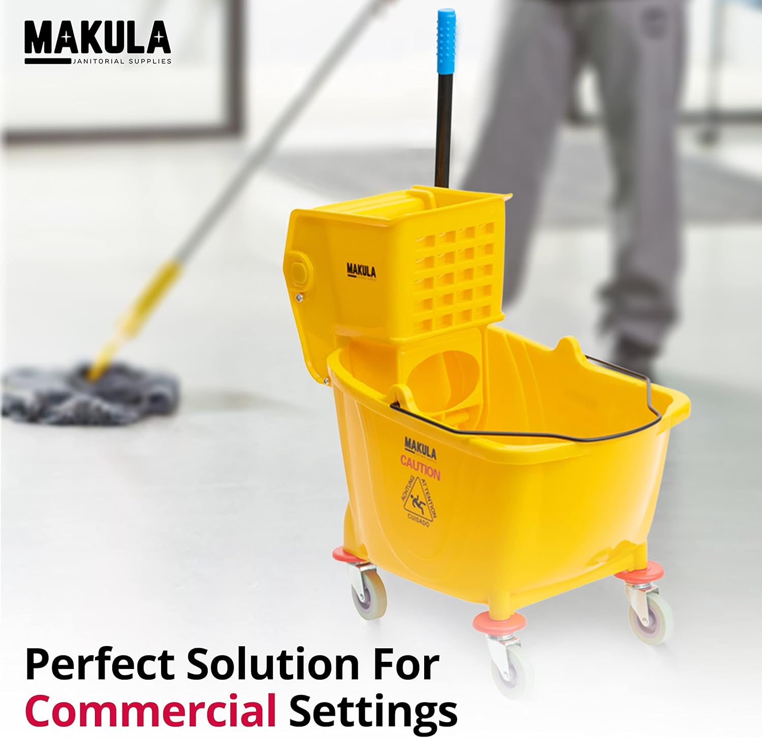 Makula Commercial Mop Bucket with Wringer, 36 Qt Heavy Duty Janitor Mop Bucket with Wheels, Side Press Wringer Combo, Industrial Cleaning Bucket for Restaurants, Schools & Commercial Floors