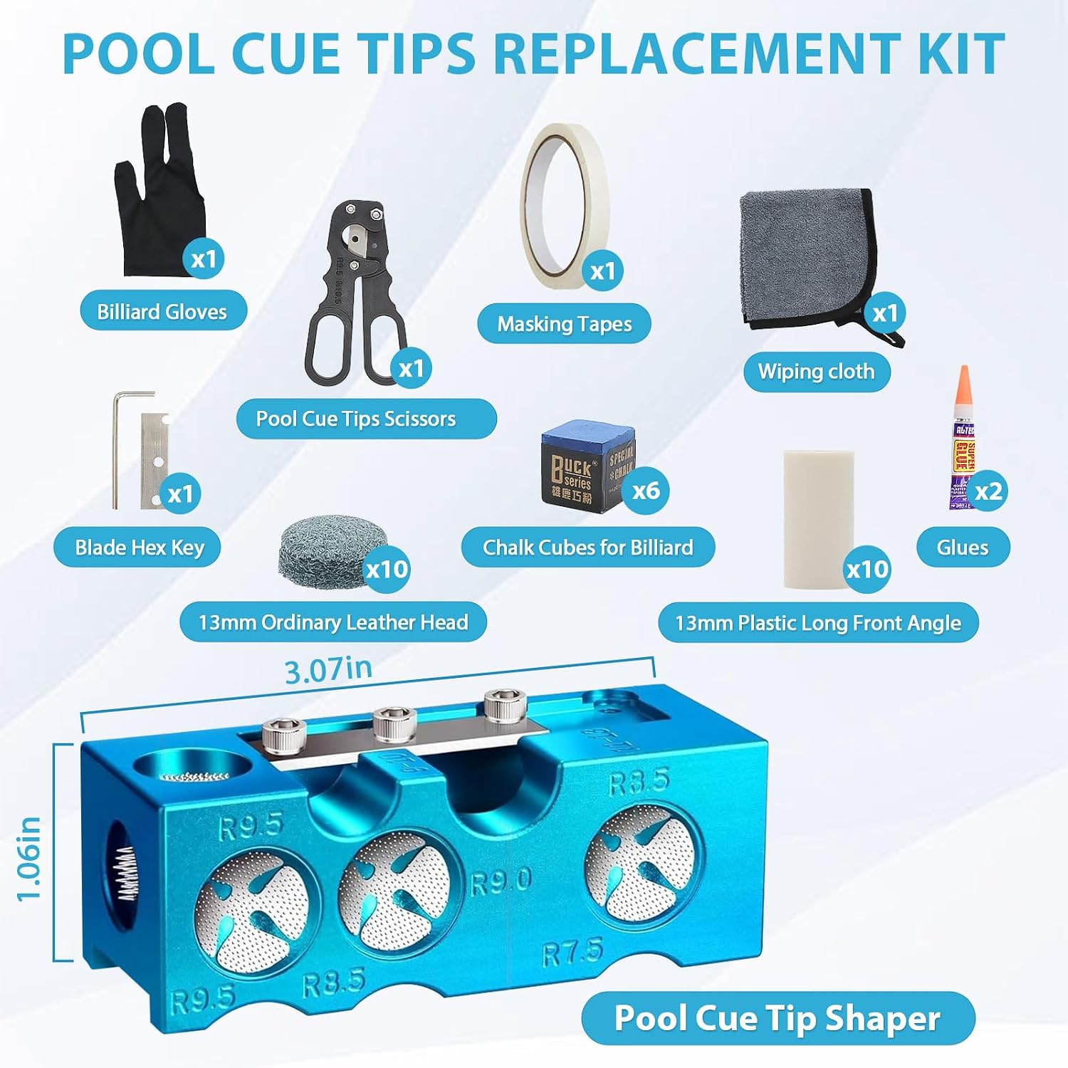 11-in-1 Billiards Pool Cue Tip Shaper, Pool Cue Tips Replacement Kit, Pool Cue Tips,Pool Cue Tip Tool for Replacement and Shaping Cue Tips