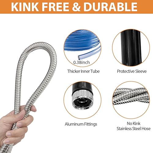 Miniatura 3 de Sutekus Manguera de jardín de metal de acero inoxidable de 15 pies, flexible y sin torceduras para uso en exteriores (sin pulverizador)