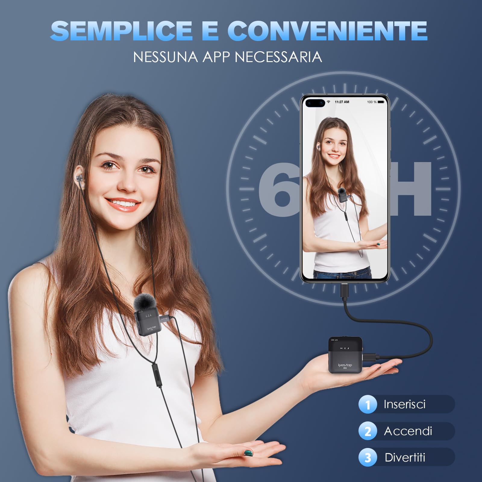 Microfono Wireless Lavalier per iPhone/USB C/Android Cellulare, Mini Microfono Senza Fili Bluetooth per Smartphone con Monitoraggio in Tempo Reale/Audience, Audio Ducking per Live/Vlog/YouTube/TikTok