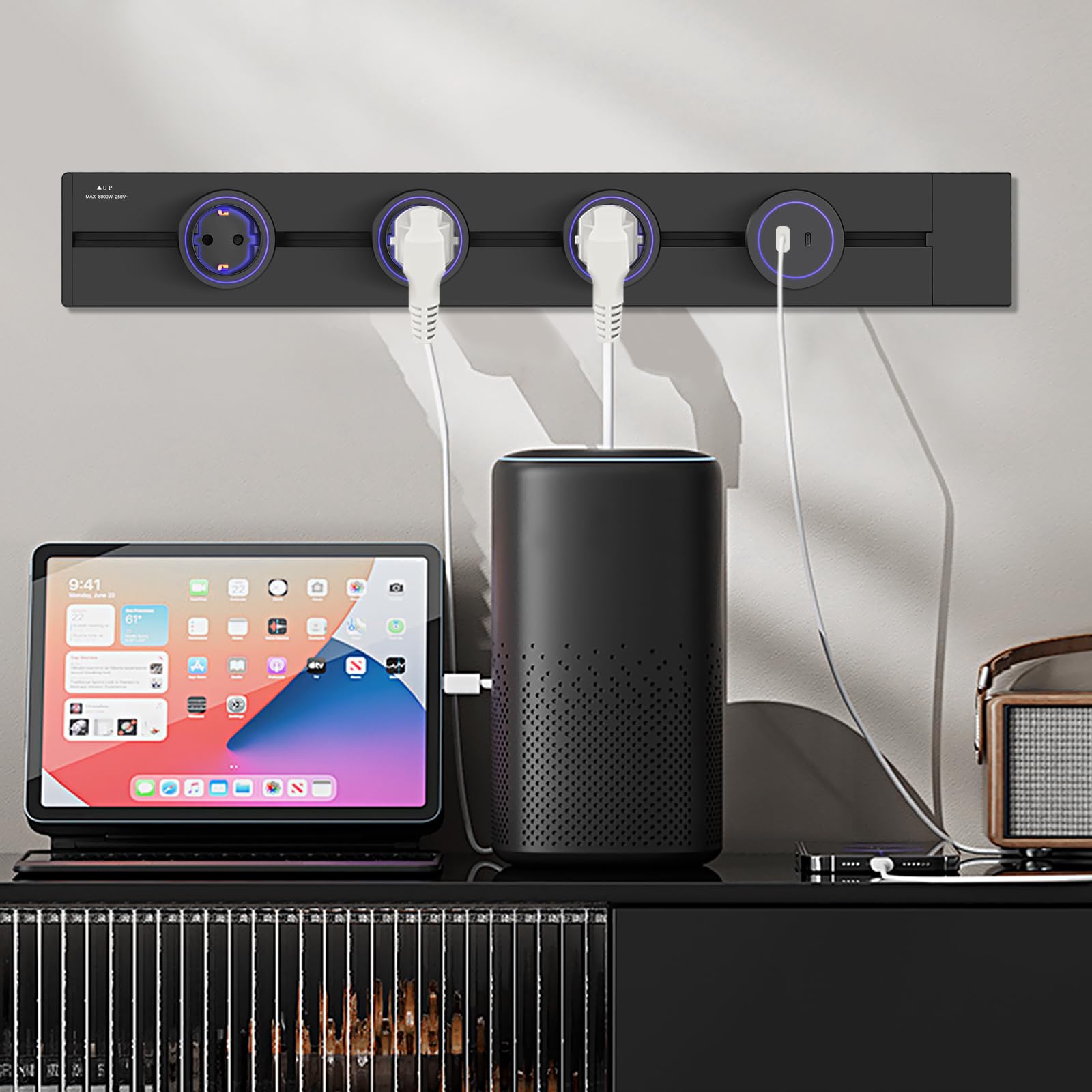 CNBINGO Stromschiene Stromschienensteckdose Schwarz - 4 Adaptern (3 Wandsteckdose, 1 USB-A, 1 USB-C) für Küche Wohnzimmer Zuhause Büro 600mm 7360W Orbital Mehrfachsteckdose