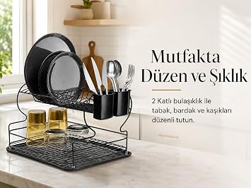 Alper Banyo 2 Katlı Siyah Bulaşıklık ve Tabaklık, Geniş Kapasiteli Metal Bulaşık Kurutmalık, Çıkarılabilir Kaşıklık ve Su Toplama Tepsili Mutfak Düzenleyici