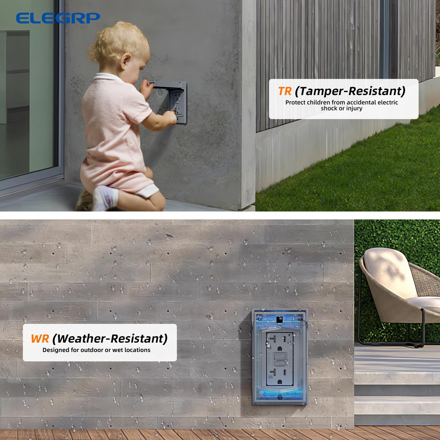 ELEGRP 20 Amp Outdoor GFCI Outlet with Cover, Weather Resistant GFCI Receptacle and Wall Plate, Self-Test GFI Electrical Outlets, Thinner Design Ground Fault Receptacles, UL Listed, Grey, 2 Pack