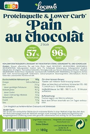Locawo Protein Source & Lower Carb Pain au Chocolat Chocolate Croissant Protein Rolls Full Wheat Flavour Ideal for a Protein-rich Calorie and Sugar Reduced Diet