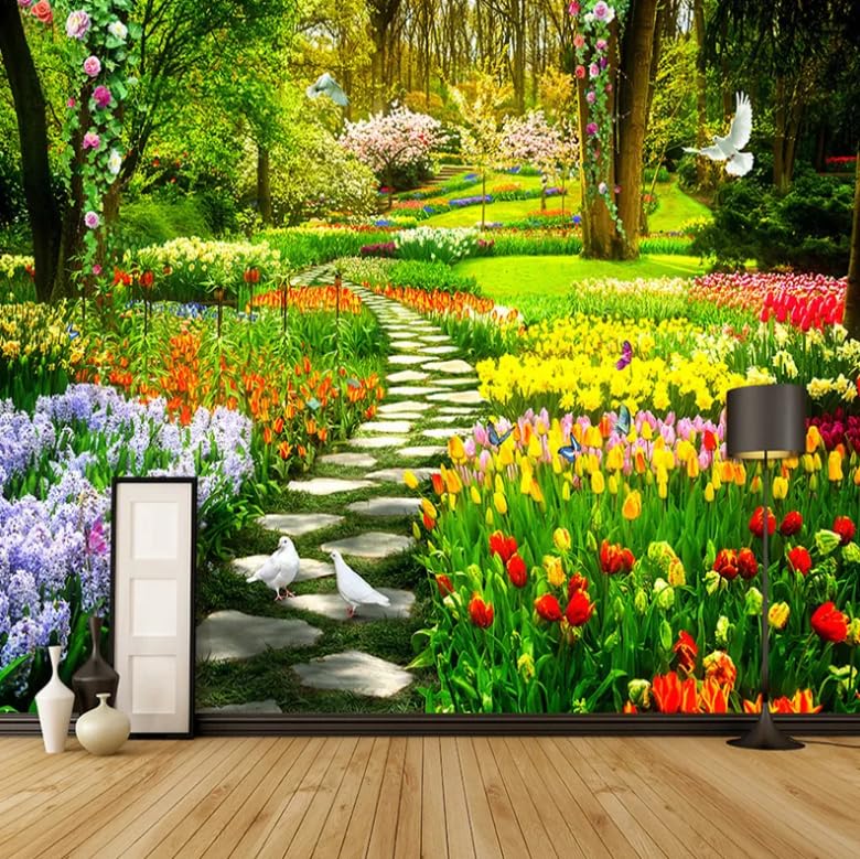 Revêtement mural papier peint effet 3D relief jardin fleurs nature 300x210cm