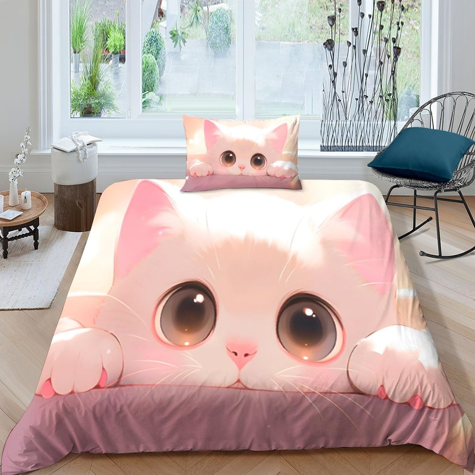 Parure de lit chat mignon IOFEER housse de couette 135x200 polycoton