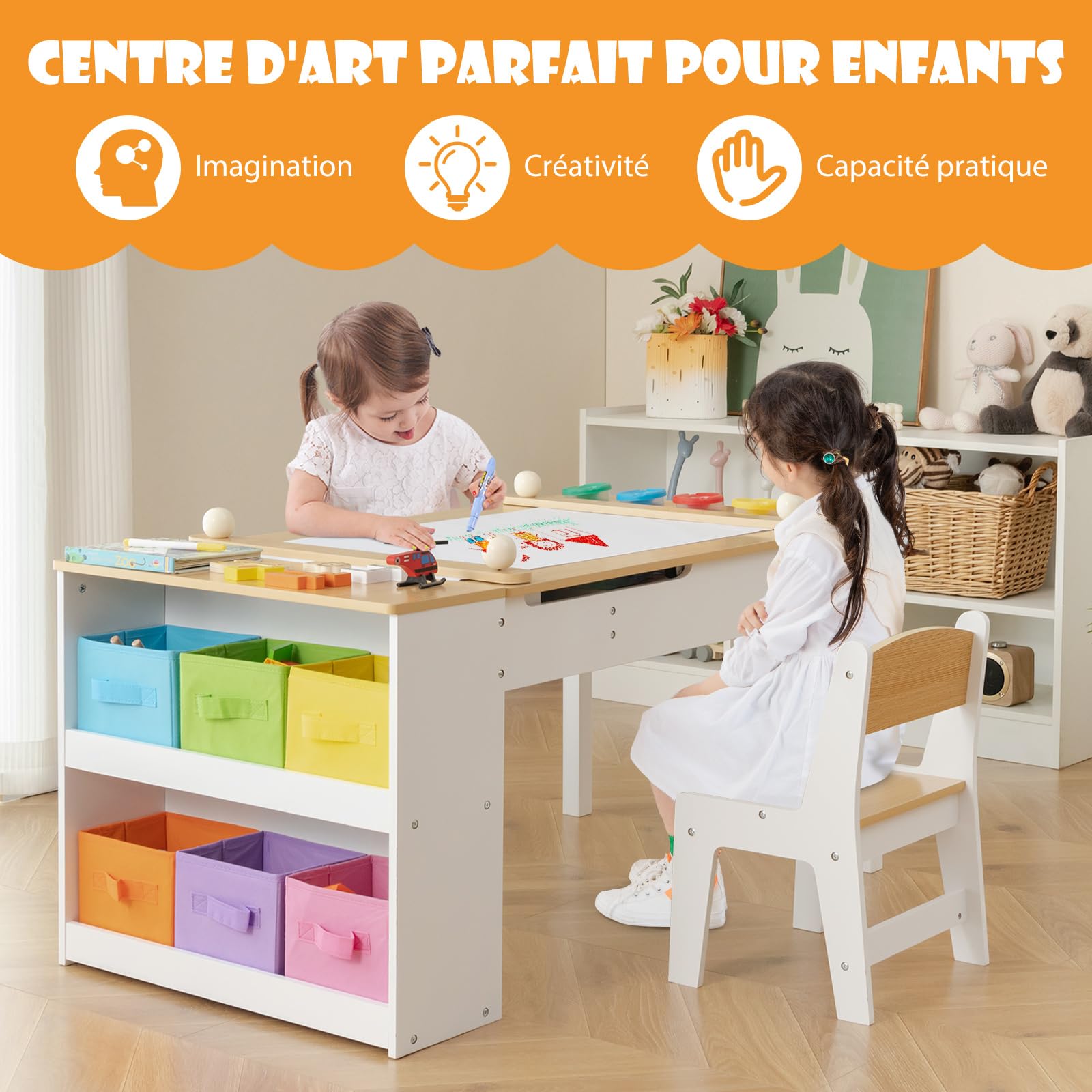 COSTWAY 2 en 1 Table Enfant avec 2 Chaises & Plateau Inclinable, Bureau Enfants en Bois avec 6 Boîtes de Rangement, Charge 91/75kg