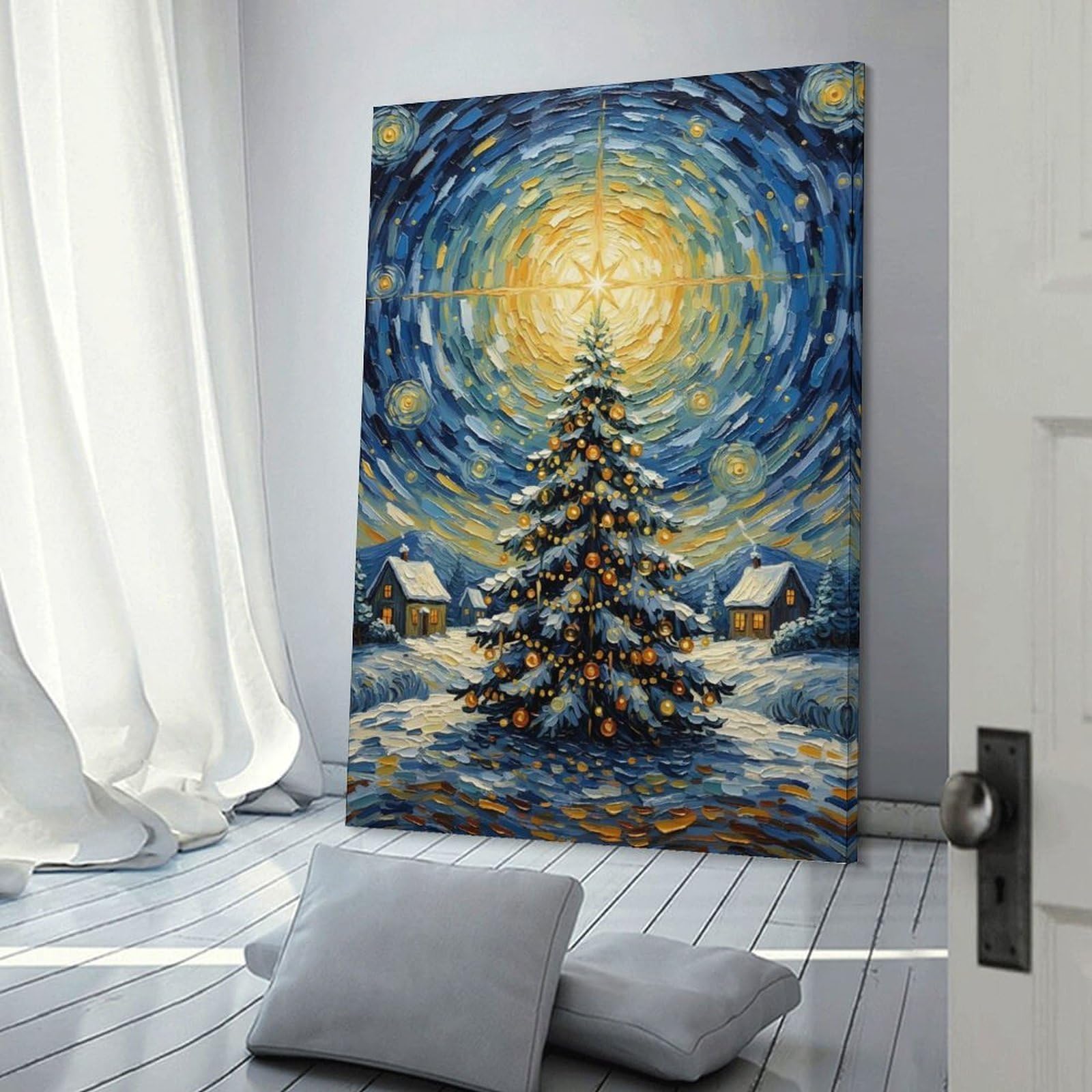Junmoney Frame-Style-19 Decorative Wall Artwork Christmas Tree Starry Night Painting, 20X30inch(50X75cm), For New Homes, Bedrooms Or Workspaces, Canvas Artwork With Gifting Potential