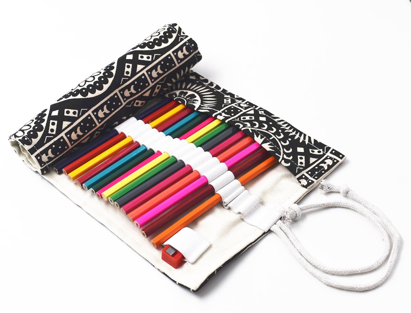 RayLineDo® 36 Holes Canvas Pencil Wrap Roll Up Pencil Case Pen Holder Bag Storage Pouch Black Bohemia Style