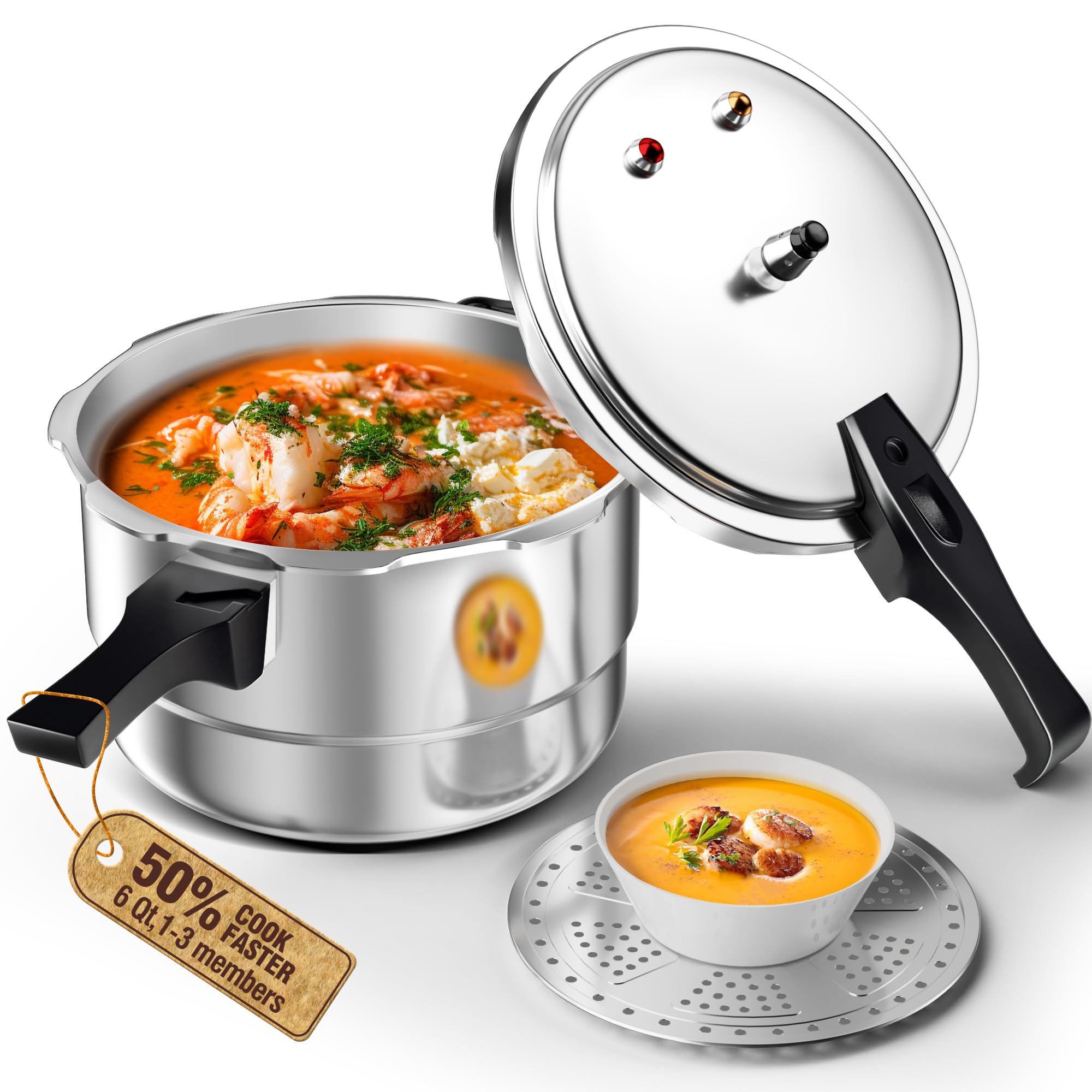 WantJoin 6 Qt Aluminum Pressure Cooker - Gas &amp; Induction Stovetop Compatible Pressure Pot with Release Valve, Multiple Safety Features and Removable Steaming Rack