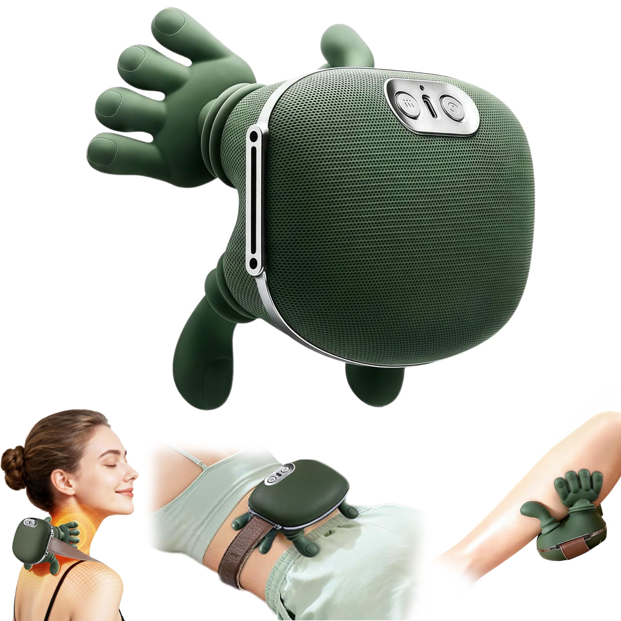 Bionic Heated Massager, Wireless Portable Shiatsu Neck, Back and Leg Massager, Electric Deep Tissue 4D Kneading Massage, Green Human Hand Design for Pain Relief and Muscle Relaxation.