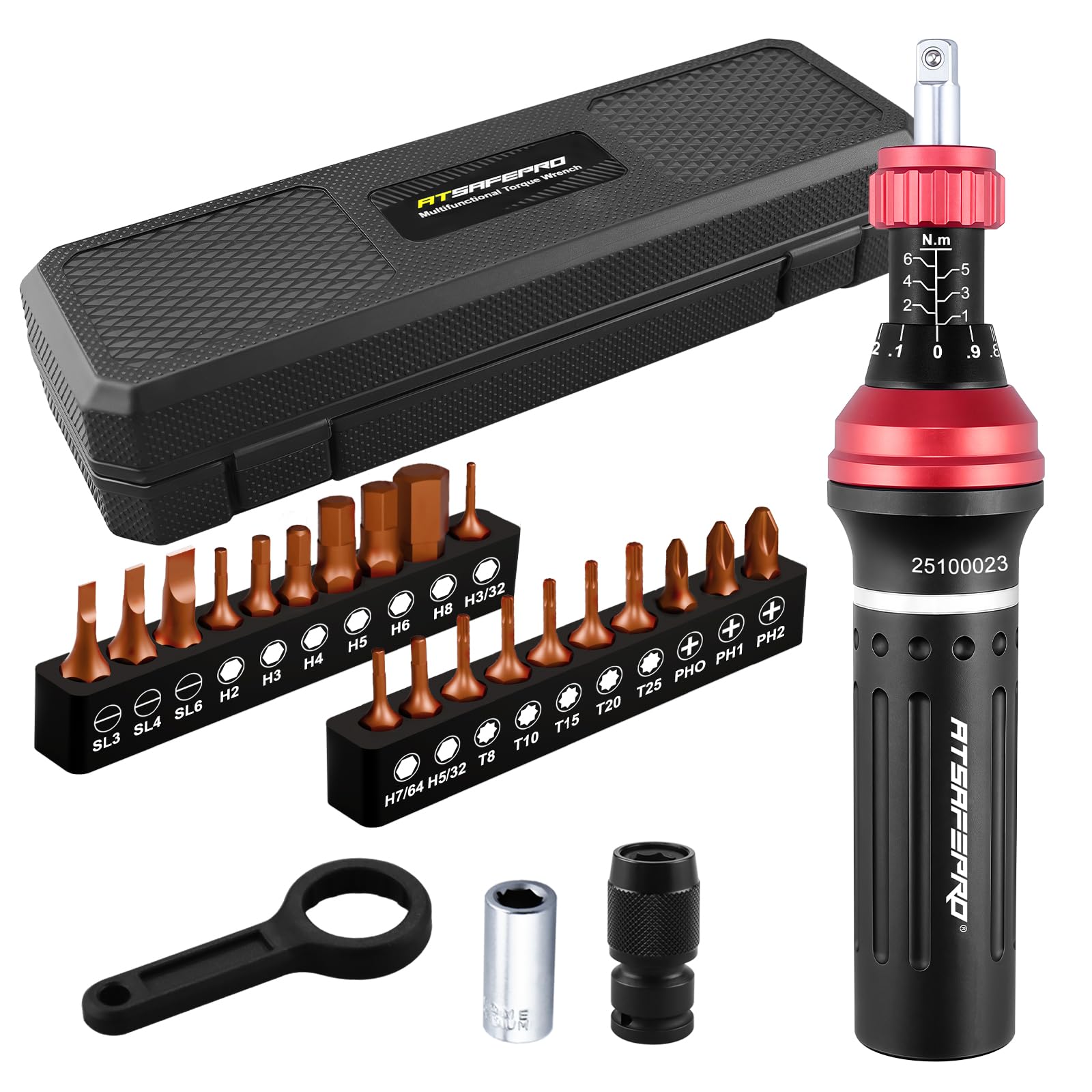 ATsafepro Torque Screwdriver Set 1-6 Nm, Torque Wrench Screwdriver 1/4" Adapter with 22 Precision Bits - Slotted, Hex, Torx and Phillips Bit, for Electronics, Bikes, DIY