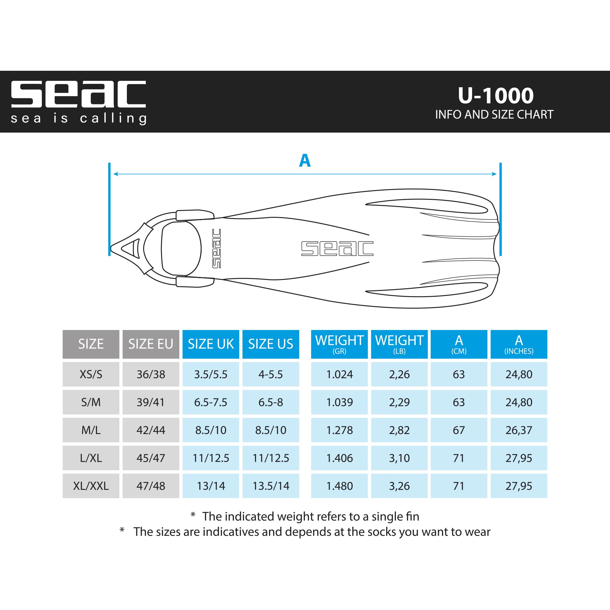 SEAC U-1000 Aletas de Buceo para Uso recreativo y Profesional, Unisex Adulto
