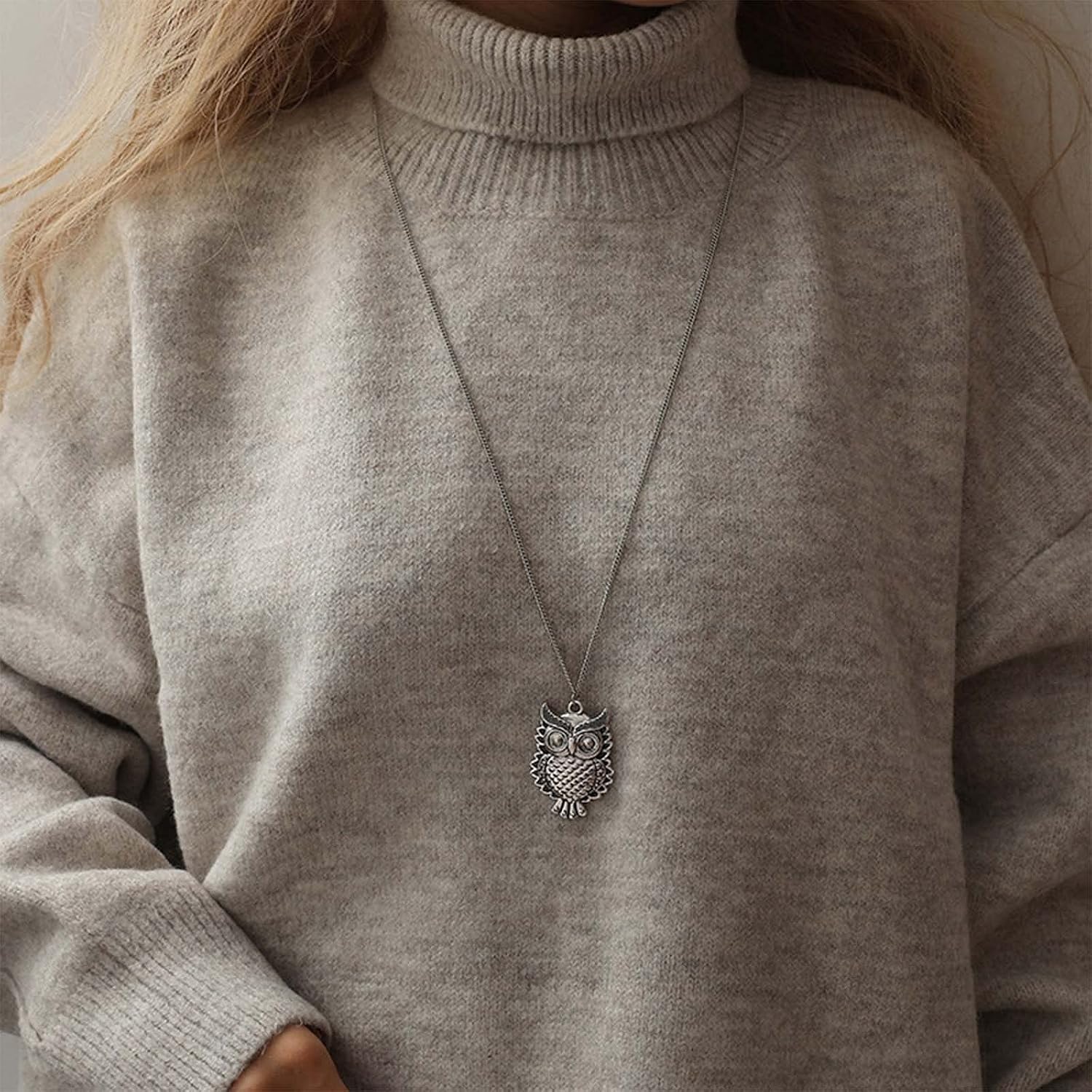 Sttiafay Vintage Hollow Owl Pendant Necklace Personalized Silver Long Chain Necklace Jewelry for Women, 80 cm