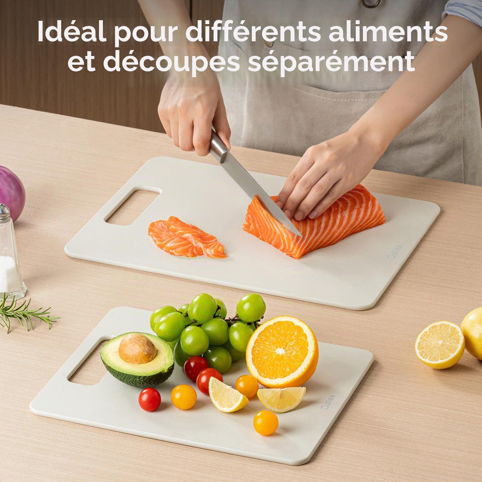 Planche à Découper en Fibre de Bois Ensemble de 2, Lavable au Lave-vaisselle Planche à Découper Composite, Non Toxique, sans BPA, Pieds Antidérapants, Compatible avec Les Couteaux