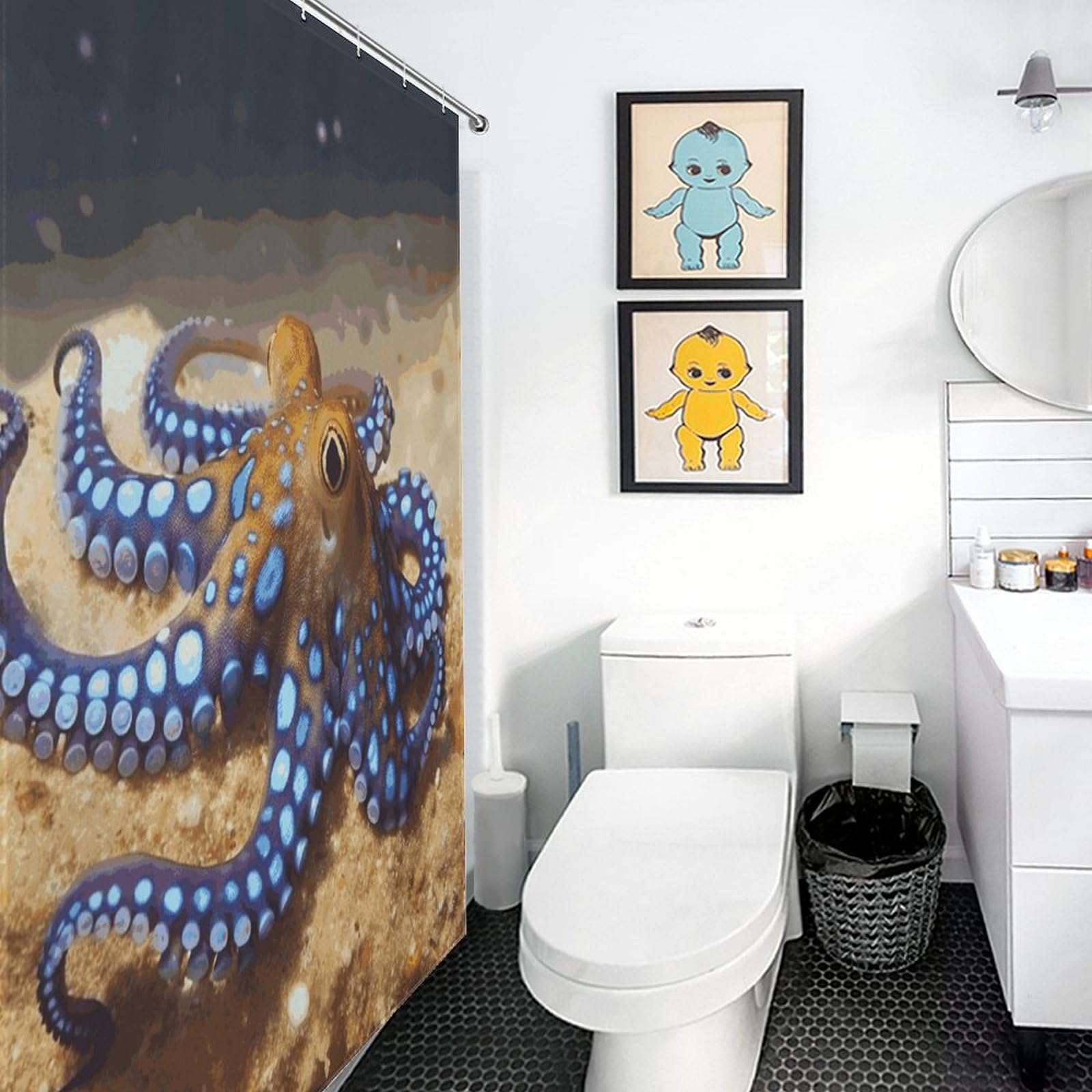 Rideau de douche anti-éclaboussures en tissu étanche bleu motif pieuvre avec crochets