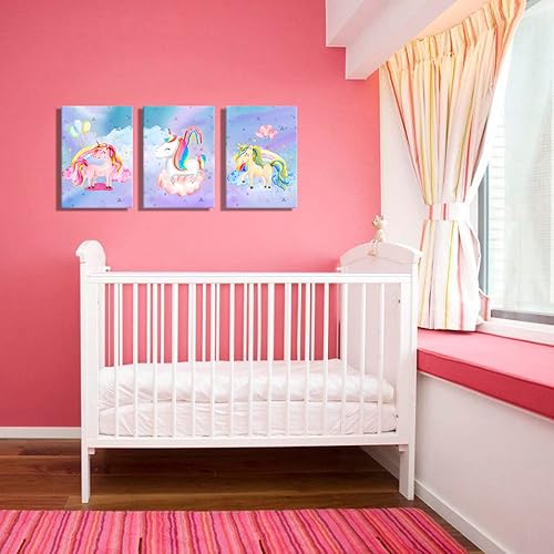 Miniatura 7 de YUANAND Arte de pared de unicornio para dormitorio de niña, cuadros de lienzo de arcoíris para decoración del hogar del cuarto del bebé, carteles