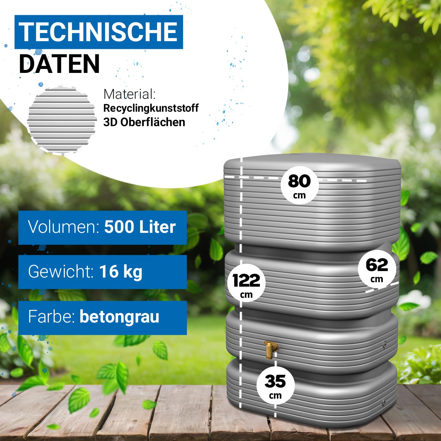 4rain Quadro Regentonne 500 Liter betongrau - Wandtank, Wassertank, Regenfass, Regenwassertonne, Wasserbehälter, Fass, Regenwassertank, Wasserfass, Wassertonne, Wassertonnen für Garten