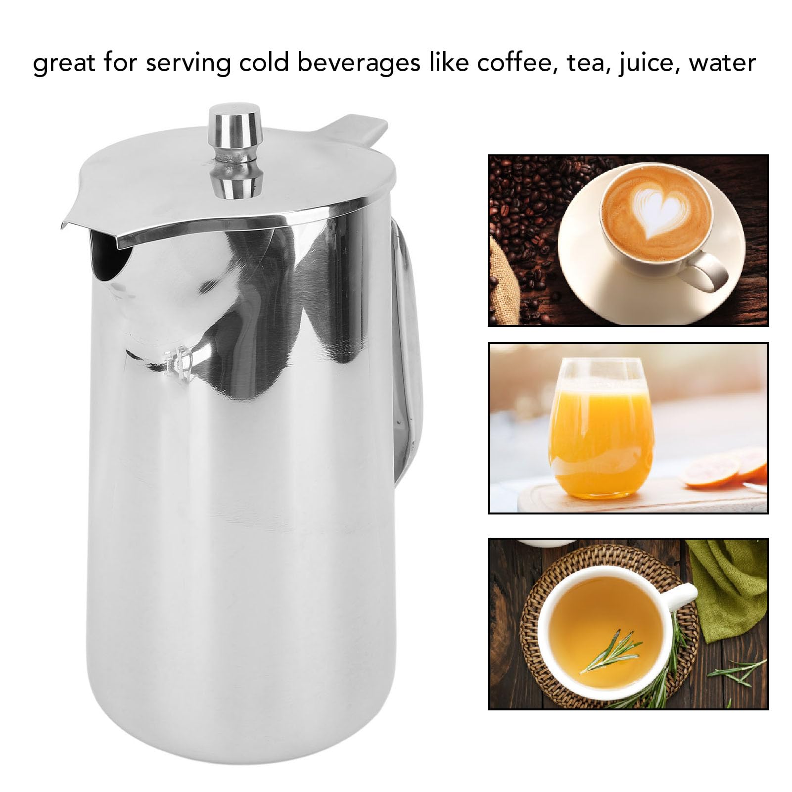 Yosoo Jarra de Agua Fría, Tetera de Acero Inoxidable de 2L con Tapa, Jarra para Espumar Leche, Dispensador de Bebidas para Máquinas de, Arte Latte, 12x24cm