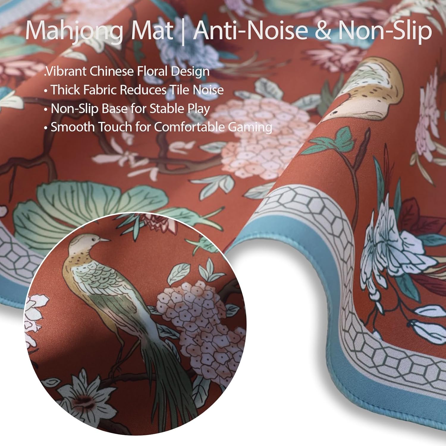 Mahjong Mat for Table, 31.5" x 31.5", Anti-Slip Noise Reduction Mahjong Table Cover with Carrying Bag, Perfect for Poker, Card, Board & Tile Games (Birds 04)