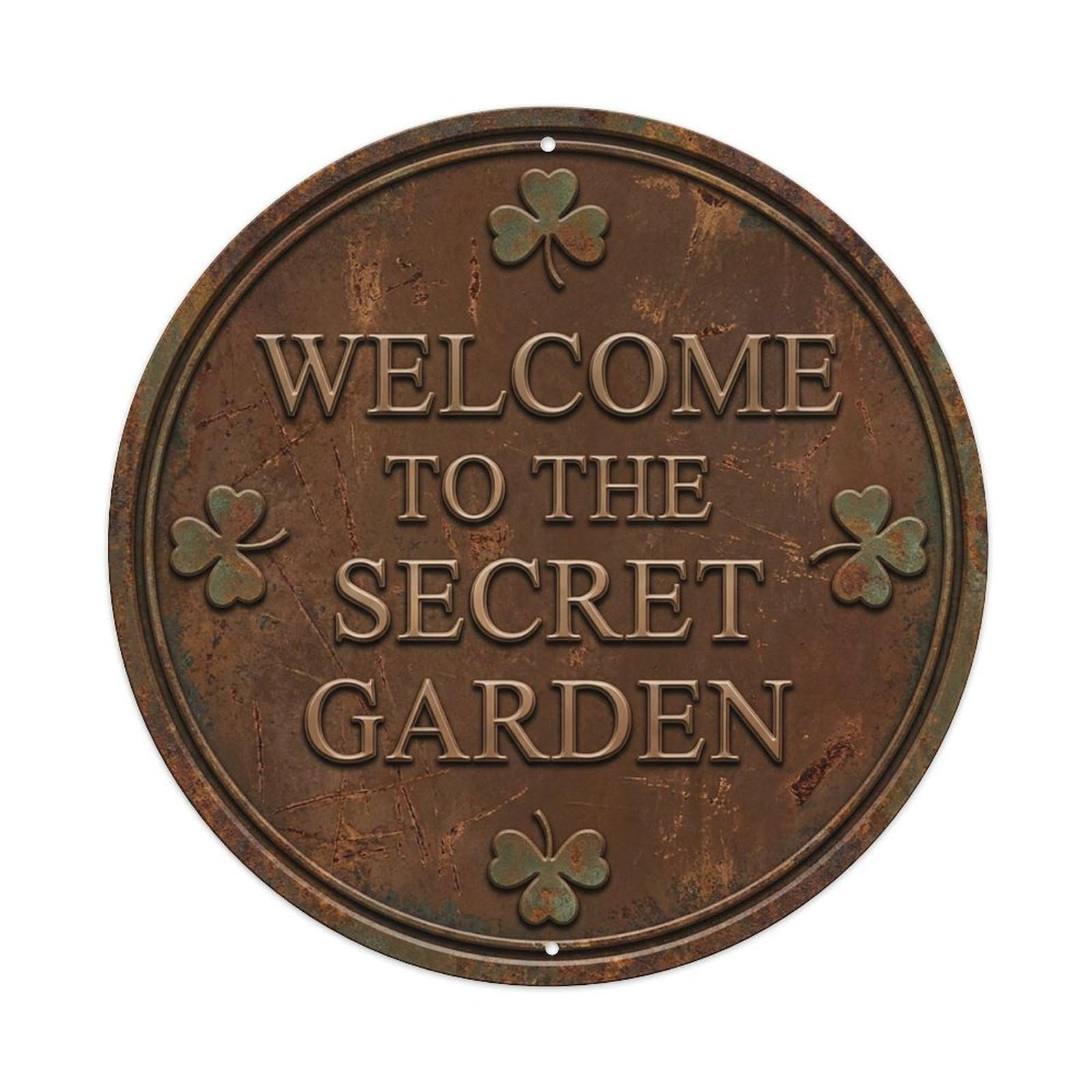Vintage Welcome Secret Garden Bronze Umber Shamrock Metal Tin Sign