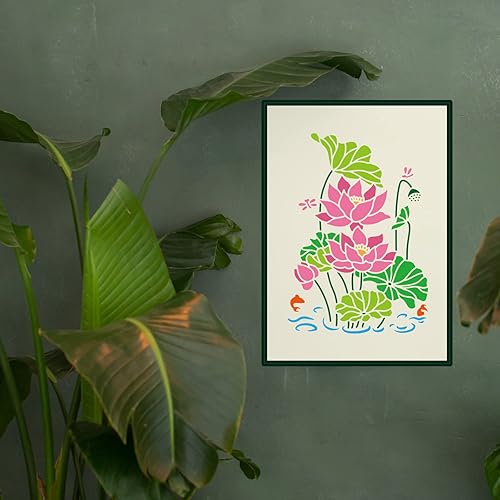 Miniatura 5 de FINGERINSPIRE Plantilla de pintura de lirio de agua de loto de 11.7 x 8.3 pulgadas, hueca de flor de loto, hoja de brote, plantilla para