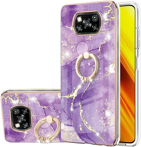 Miniatura 1 de Monwutong Funda de teléfono para Xiaomi Poco X3 NFC, IMD patrón de mármol brillante anillo Kickstand caso para niñas, lente de cámara y cubierta