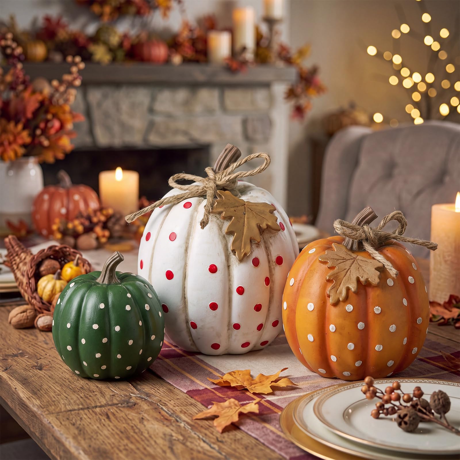 Junkin 3 statuette di zucca autunnale decorazione da tavolo in resina a pois centrotavola per feste del Ringraziamento, regalo per la casa, decorazione da tavolo per la casa