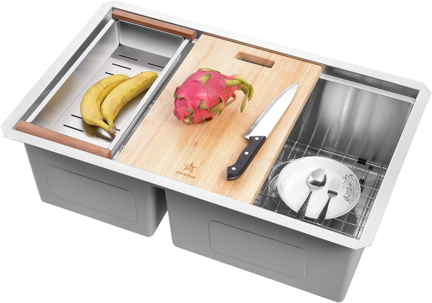 Gеt Sресіаl Prісе STARSTAR Workstation Ledge Undermount Double Bowl 304 Stainless Steel Kitchen/Yard/Bar/Laundry/Office Sink, With Grid, Wood Hold Colander, Cutting Board, Strainer with basket (30 x 19 x 10 40/60)