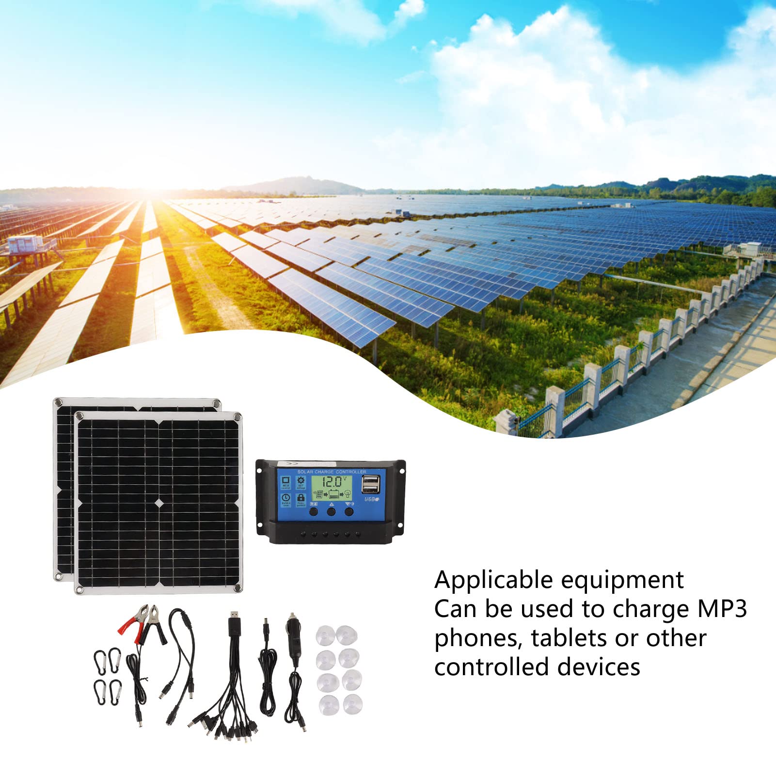 Kit pannello solare da 50 W, pannello solare portatile in silicio monocristallino impermeabile IP65 12 V 24 V con regolatore di carica da 60 A Doppia uscita USB per campeggio