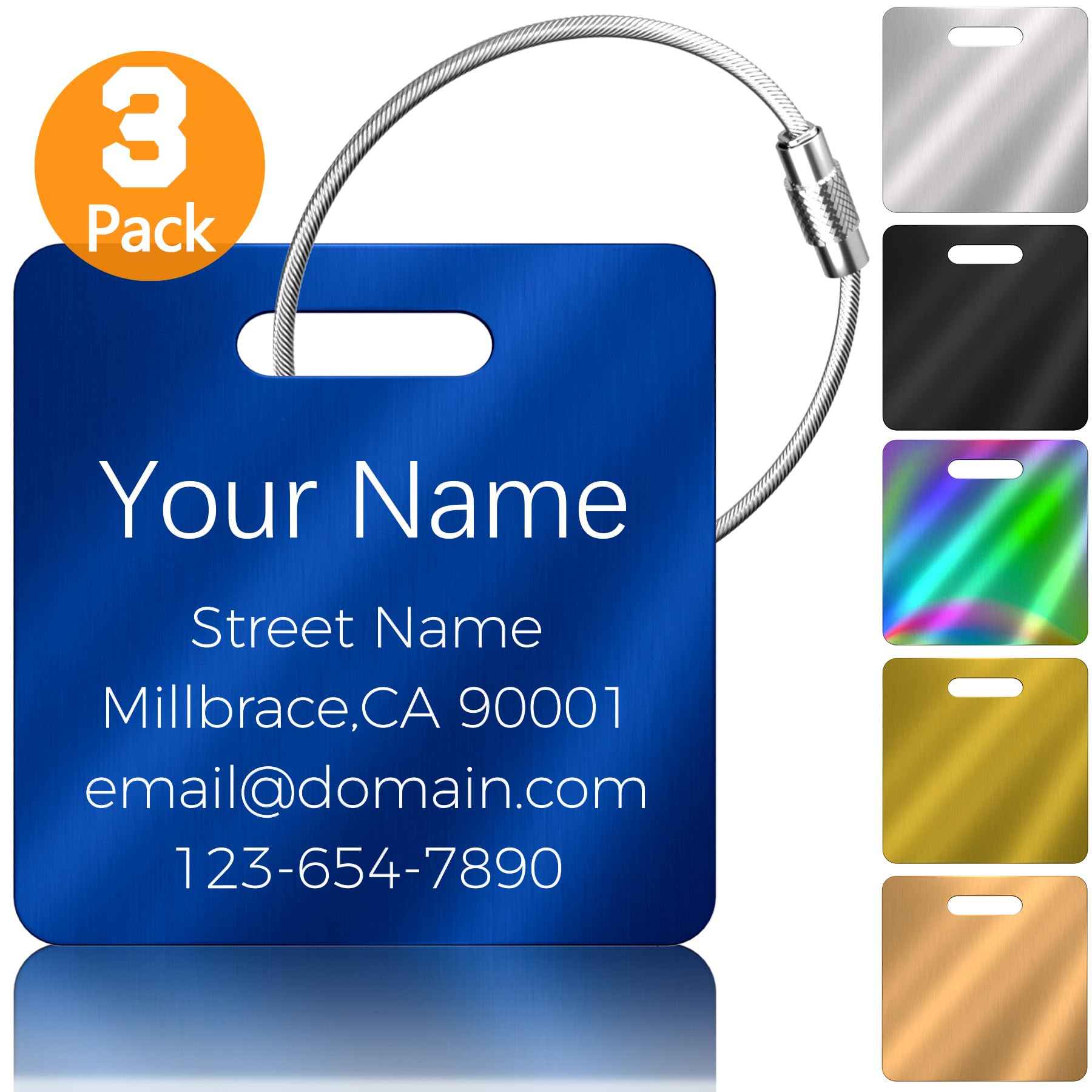 Personalized Luggage Tags for Suitcase 3/6 Pack, Engraved Heavy Duty Stainless Steel with Name Text Logo, Metal Bag Name Tags, Custom Travel Tags for