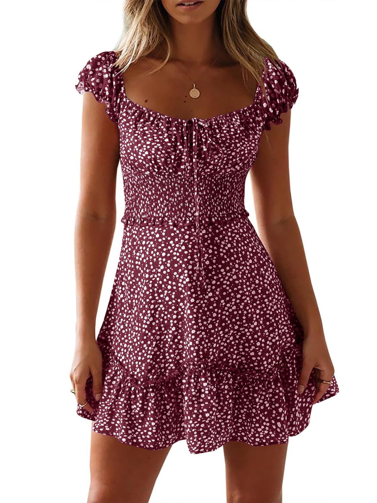 Cicy Bell Damen Sexy Blumendruck Mini Kleid Smocked Rüsche Boho Kleider Tie Front Sommerkleid