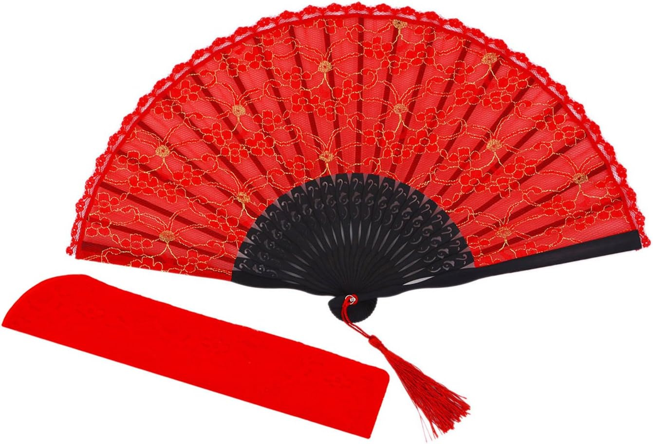 meifan Womens Multi Color Handmade Cotton Lace Folding Hand Fan (Red)