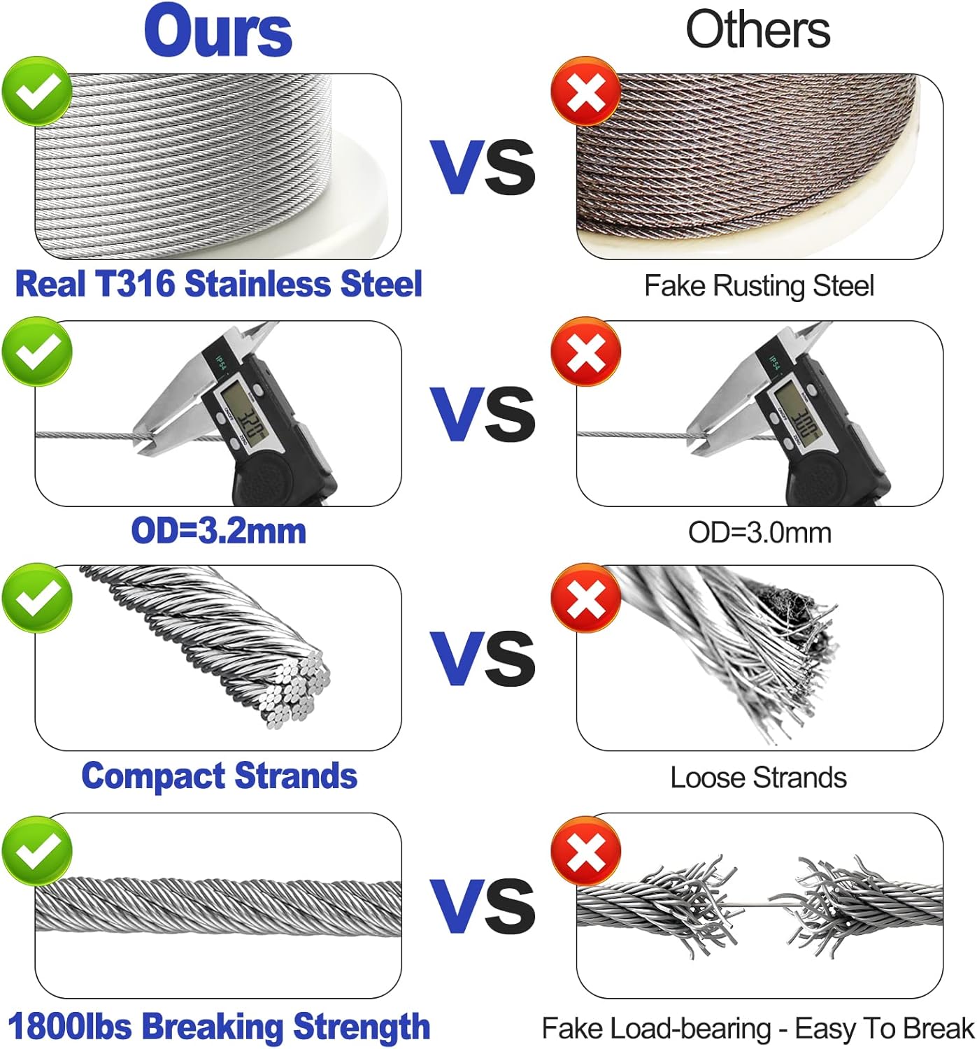 CKE 220FT 1/8" Stainless Steel Cable T316 Stainless Steel Wire Rope Cable for Deck Cable Railing Kit System, 7x7 Strands Construction Aircraft Wire Rope Cable Stainless Cable 1/8 DIY Balustrades CW600