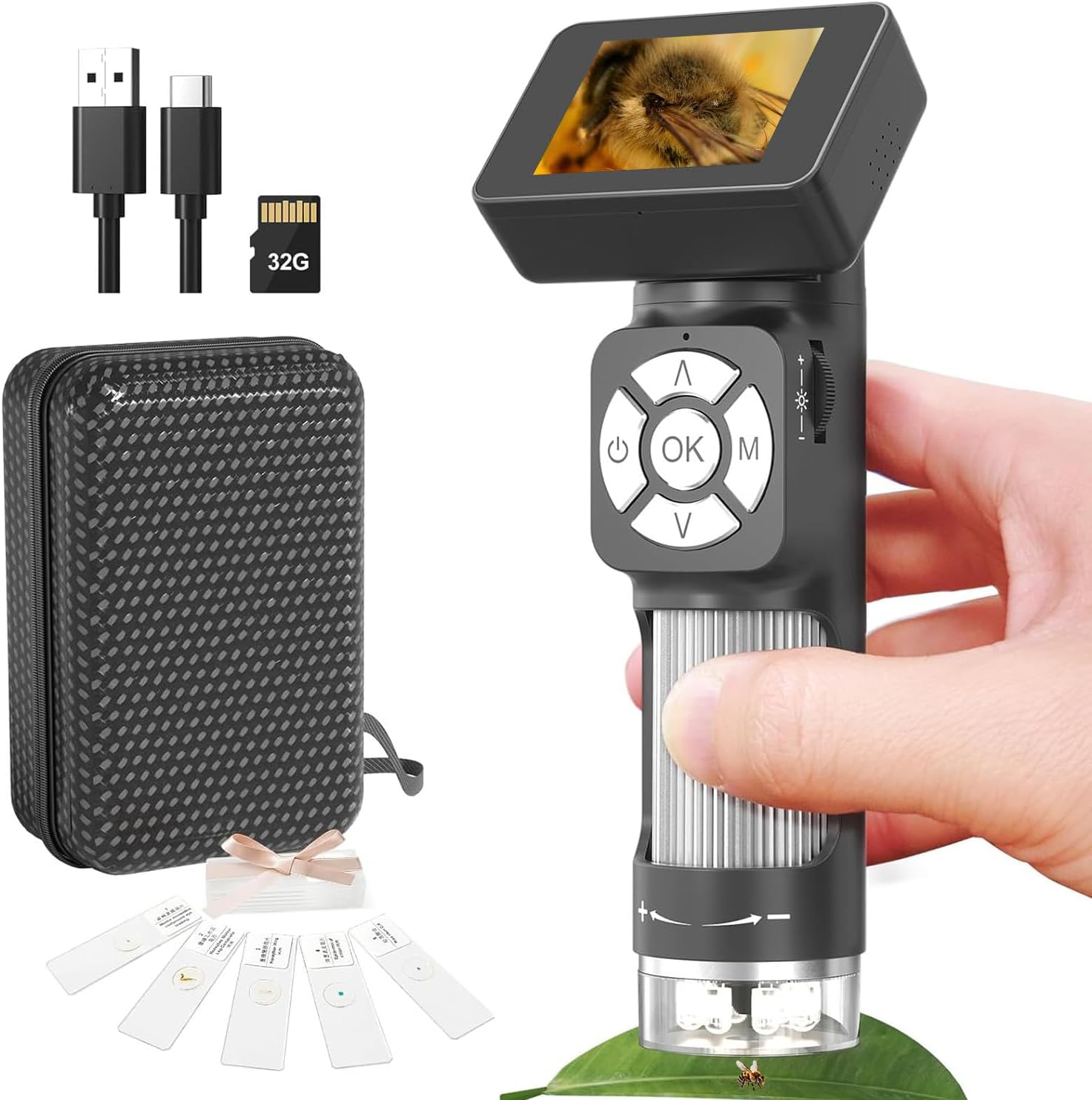 MasrooAD112 Portable Pocket Microscope Kit for Kids and Adults with 2" LCD Screen, Mini Handheld Digital Microscope 500X with 8 Adjustable LED Lights, Windows PC Compatible, 32GB SD Card Included