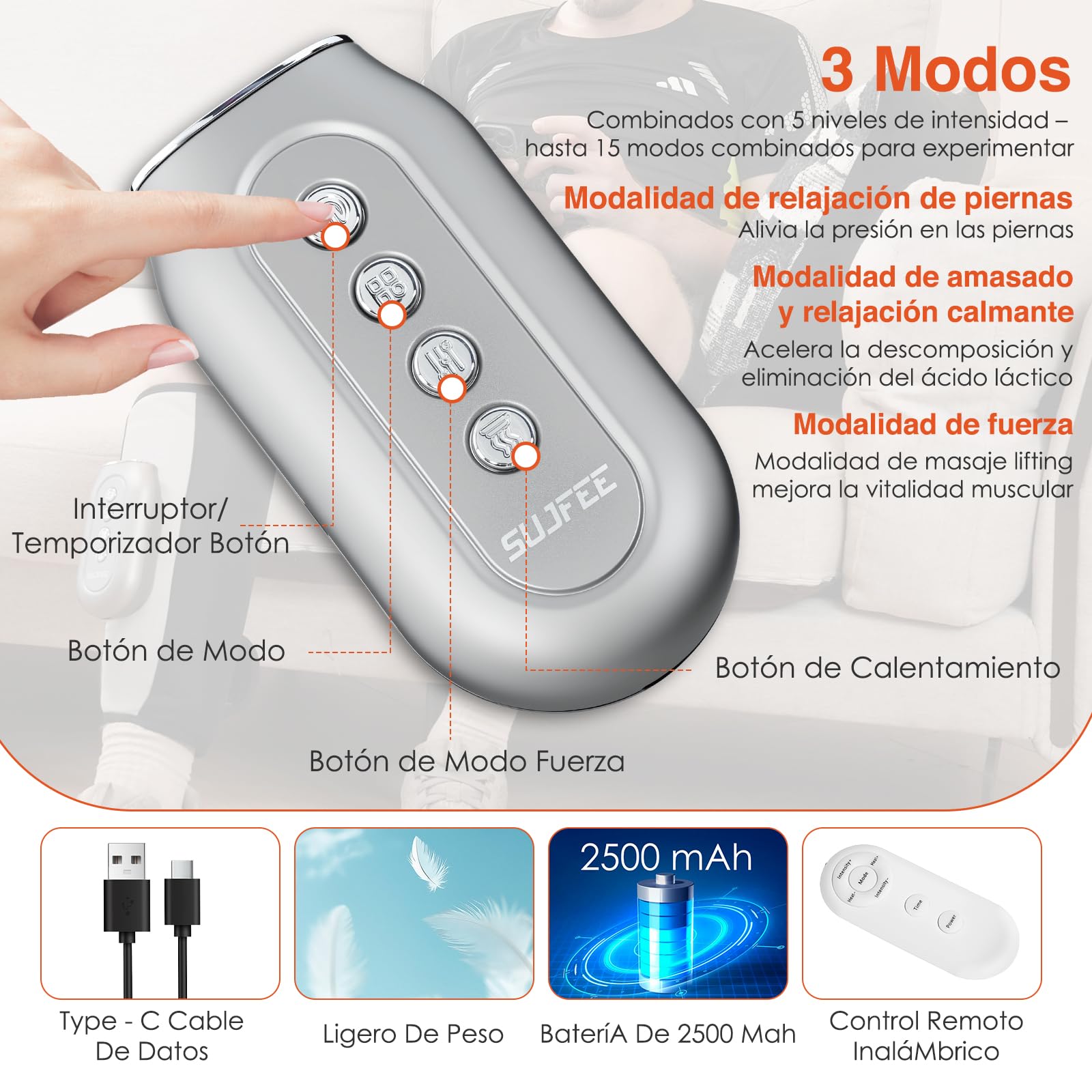 Inalámbrico Masajeador de Piernas con Compresión de Aire para Circulación y Alivio del Dolor | Control Remoto | 3 Modos + 5 Intensidades | Autoparada 15min (par)